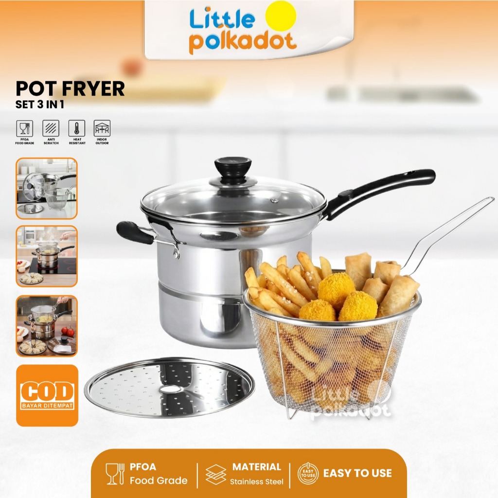 3in1 Fryer & Kukus Rebus Dengan Rak Tirisan Deep Fryer Pot Panci fryer Penggorengan Stainless Steel 