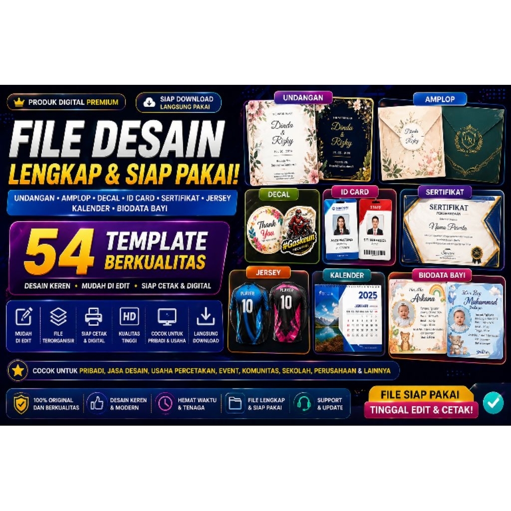 File Desain Lengkap 54 Template | Undangan, Amplop, Decal, ID Card, Sertifikat, Jersey, Kalender, Bi