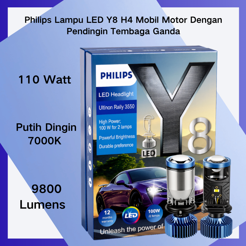 Philips H4 Y8 Lampu Depan LED Laser Lensa Mobil  Lampu Mobil H4,Bohlam Terintegrasi untuk Sinar Jauh