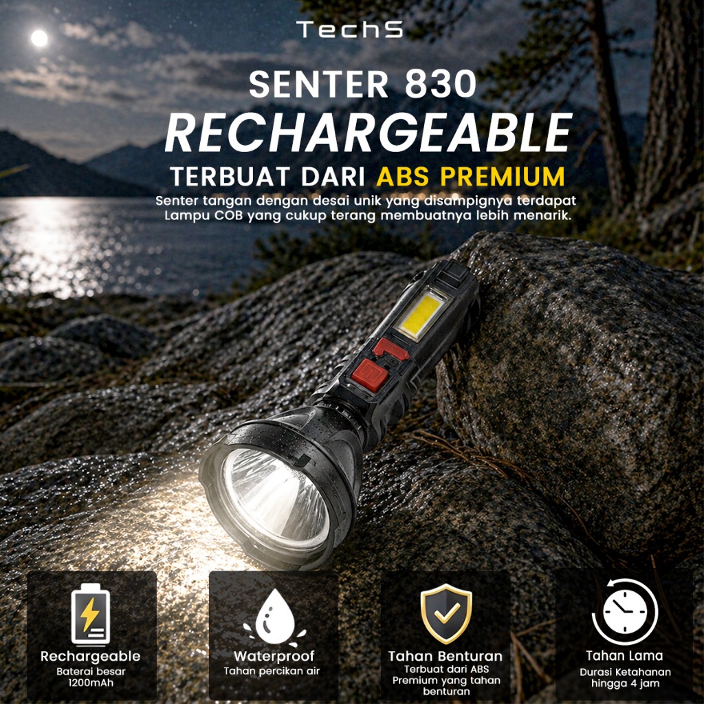 Senter LED Super Terang Rechargeable + COB Senter Led Jarak Jauh + COB MX-7501 4 MODE