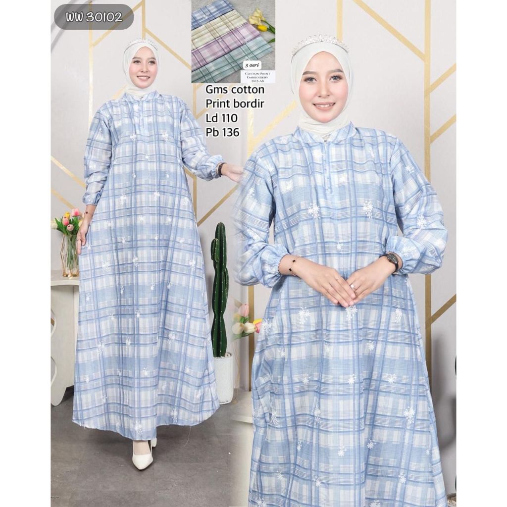 WW 30102 (isi 2) ASYA Gamis Cotton Bordir Motif Print Katun Lebar Mayung Premium Cantik Muslimah Bus