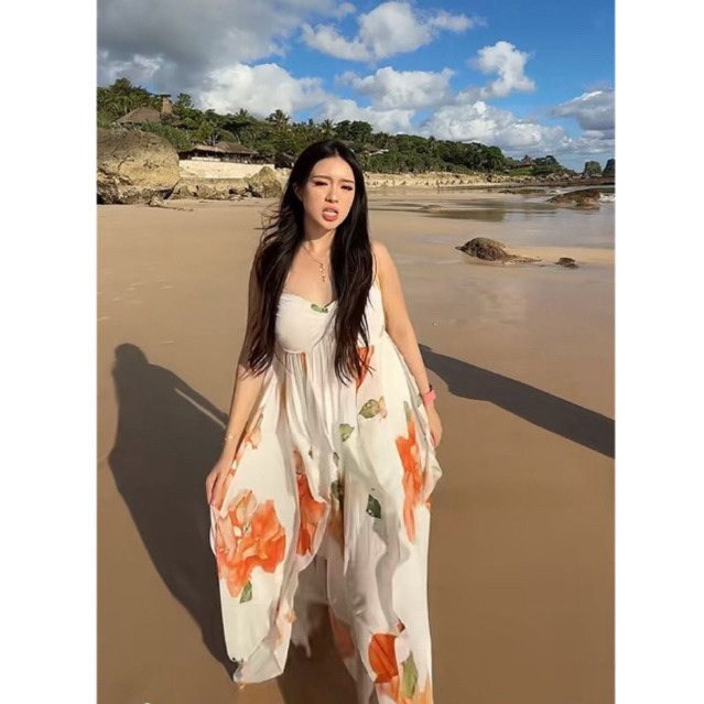 TMBM Seroja Dress ruffles pakaian tube kemben chiffon floral bunga flower white putih bali beach pan