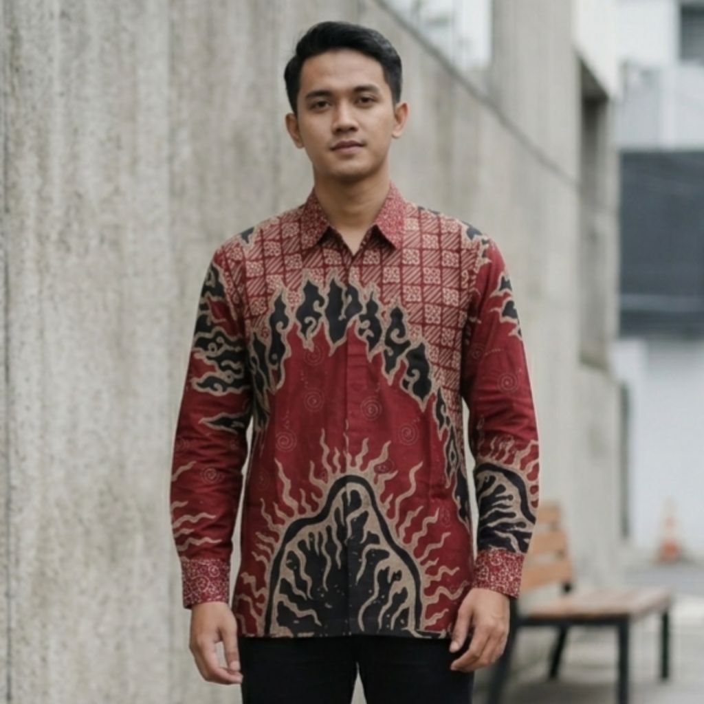 Batik Pria Lengan Panjang Modern Merah Maroon Bahan Katun Potongan Reguler- Seragam Batik Pria Pesta