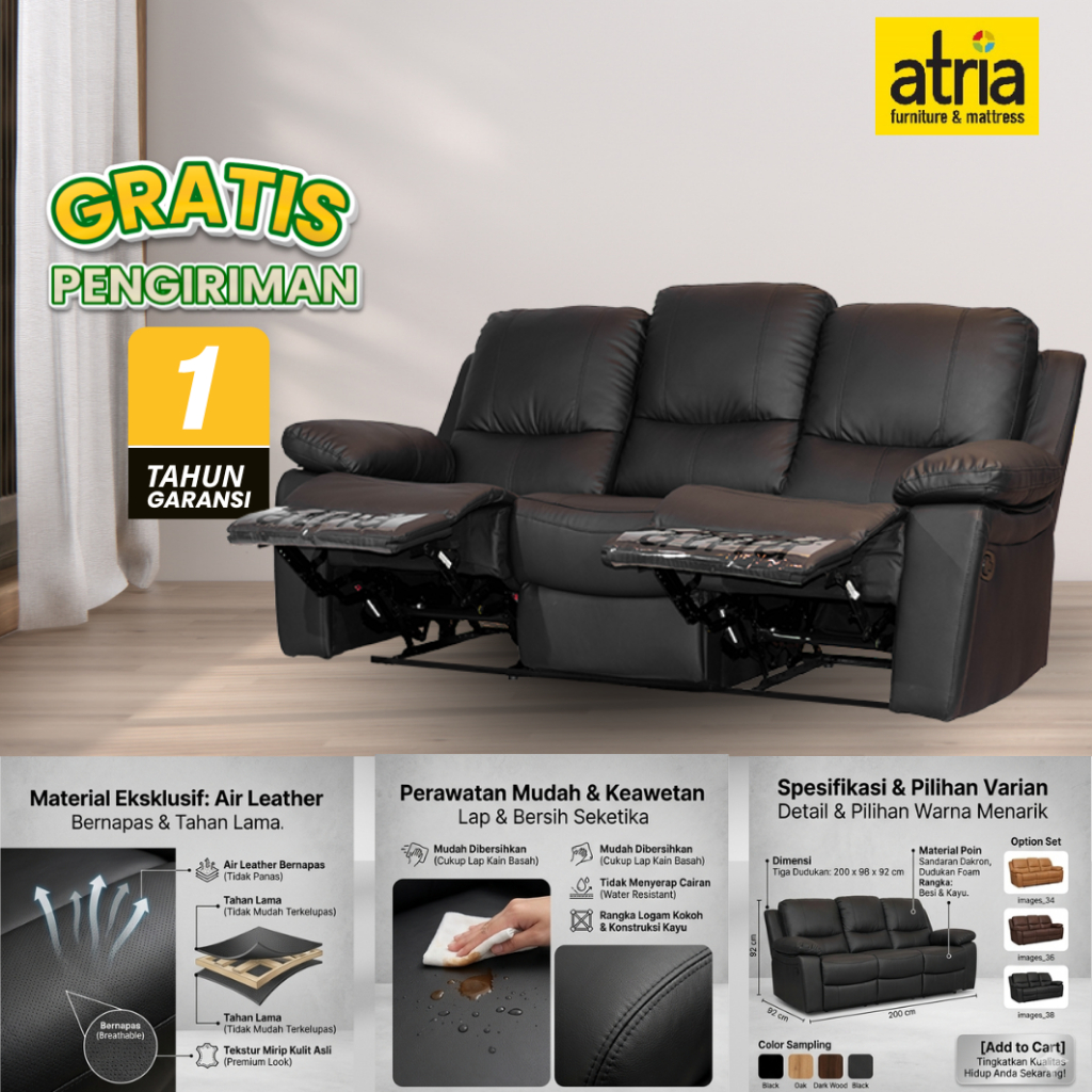Atria Sofa Recliner Livana Black/Tan 3 Seater