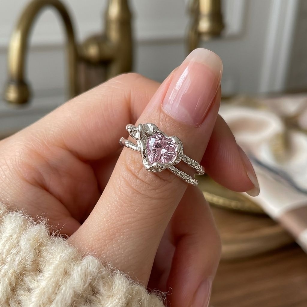 Cincin Wanita Love Pink Crystal Molten Silver Design Korean Aesthetic Ring Hadiah Valentine Aksesori