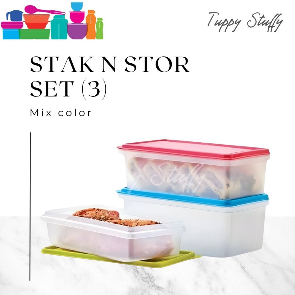 Tupperware Stak N Stor set ( 3) - Mix Color | Wadah kontainer set tupperware / penyimpanan kulkas