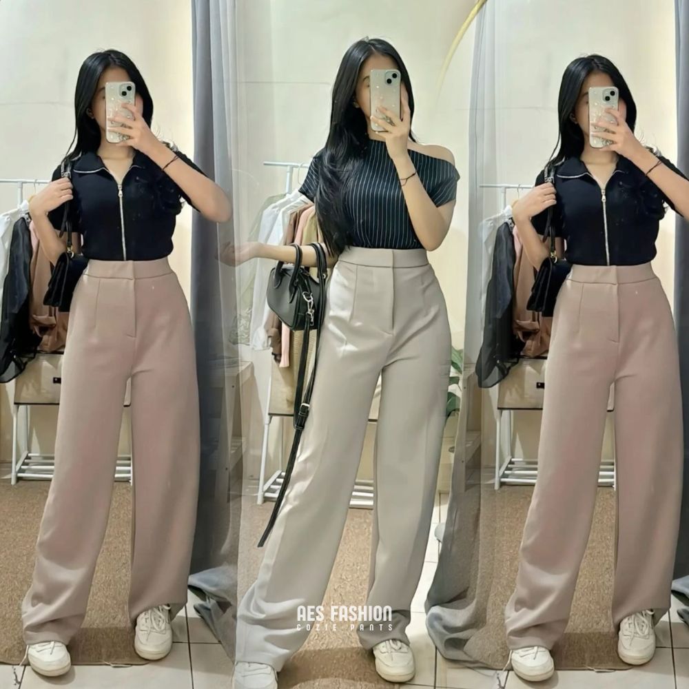 AES FASHION - Cozy Pants Rib Knit Celana Kulot Wanita Highwaist Panjang Anti Kusut