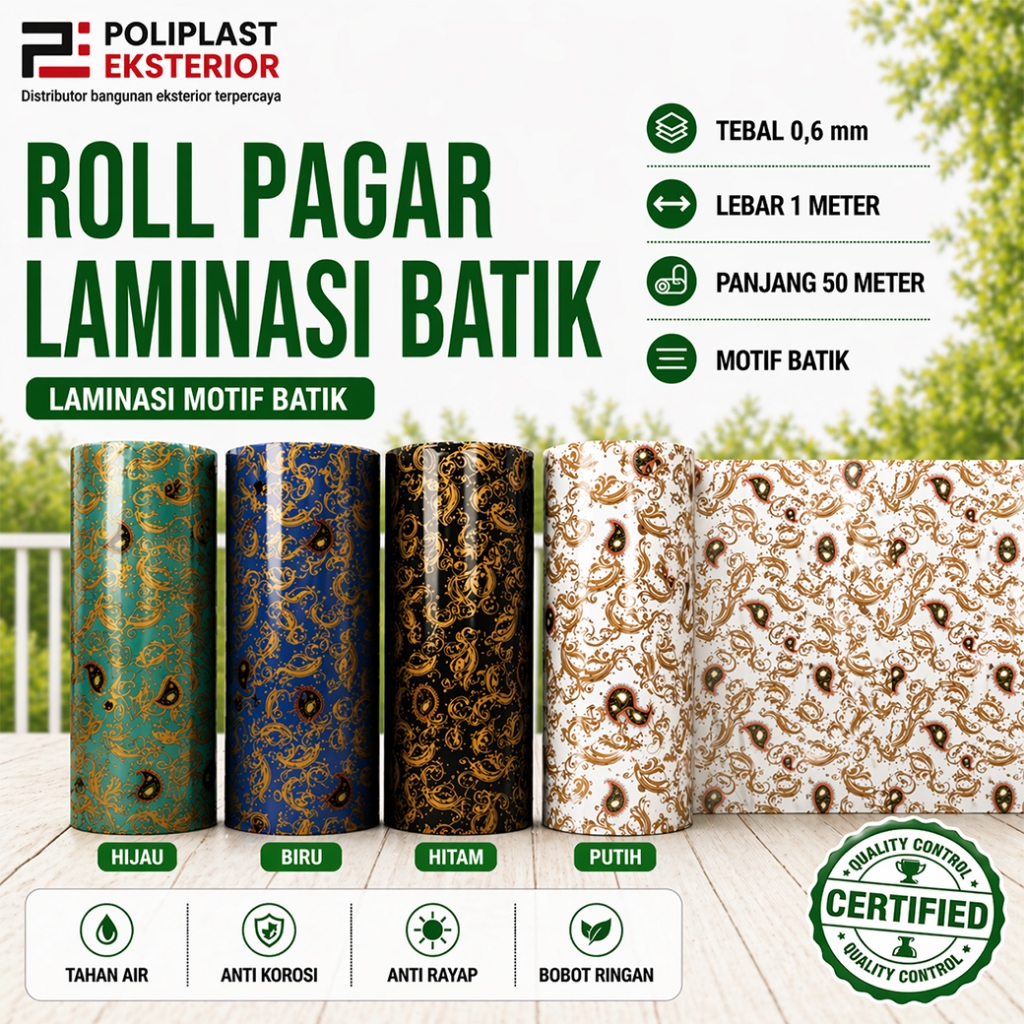 Penutup Pagar Rumah Fiber Gambar Motif Laminasi Batik Plastik Penutup Pagar tebal 0.6mm lebar 1 mete
