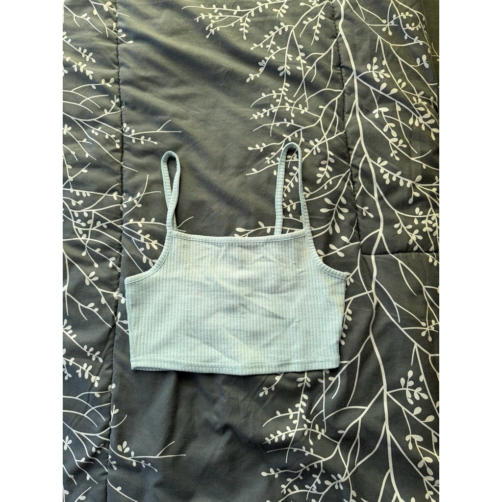 H&M Crop Top Ribbed Wanita | Tank Top Tali Tipis Biru | Atasan Basic Stretch Original