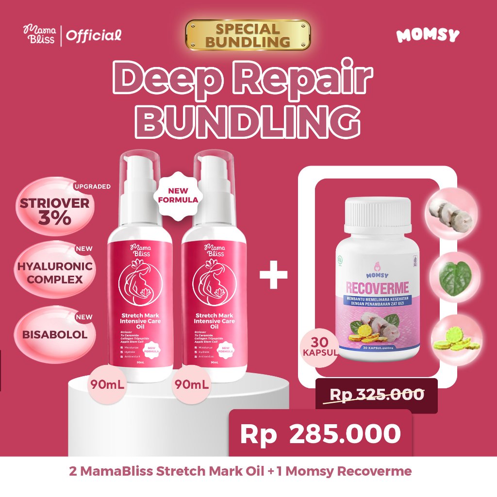 MamaBliss Deep Repair Bundle - Stretch Mark Oil 1 pcs + RECOVERME 30 kapsul - Memudarkan Stretch Mar