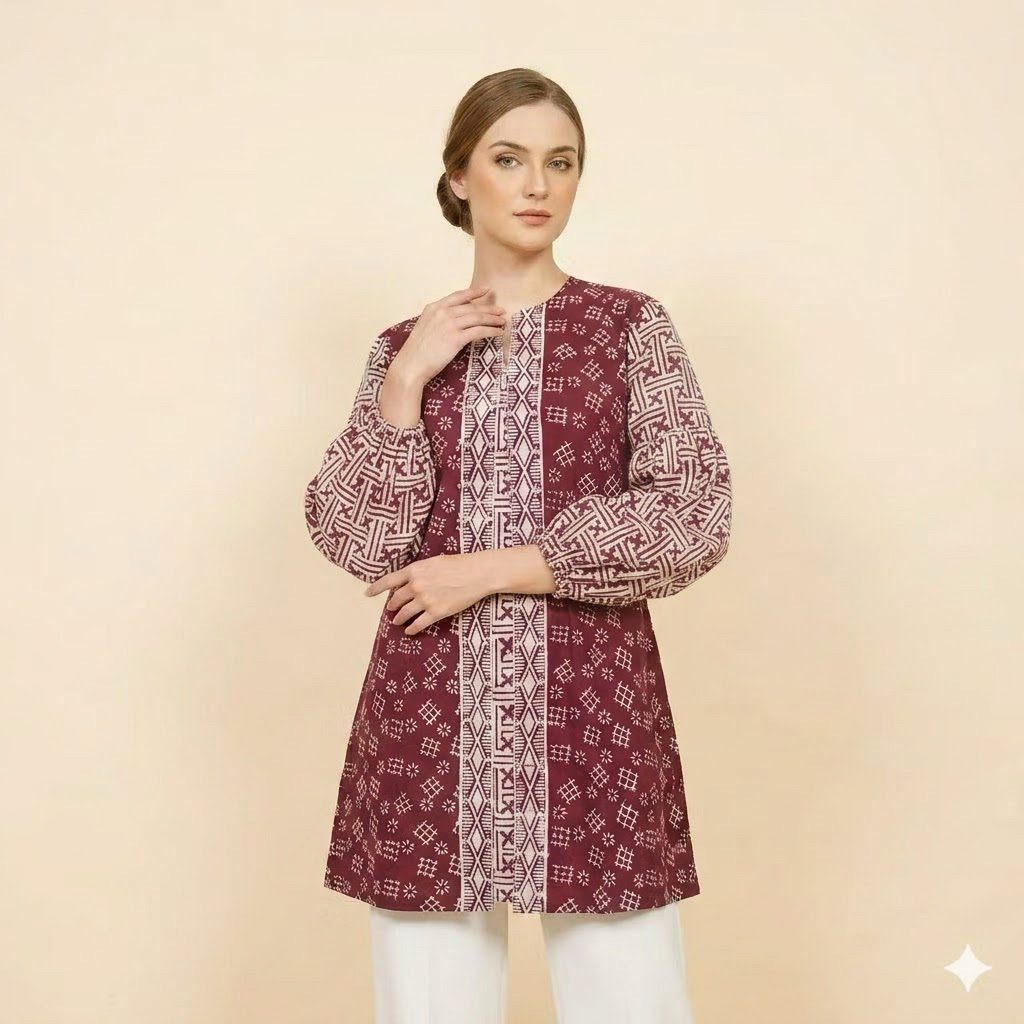 Shanaya Batik Tunik Nindy Marun Navy Katun Batik Cap Garutan