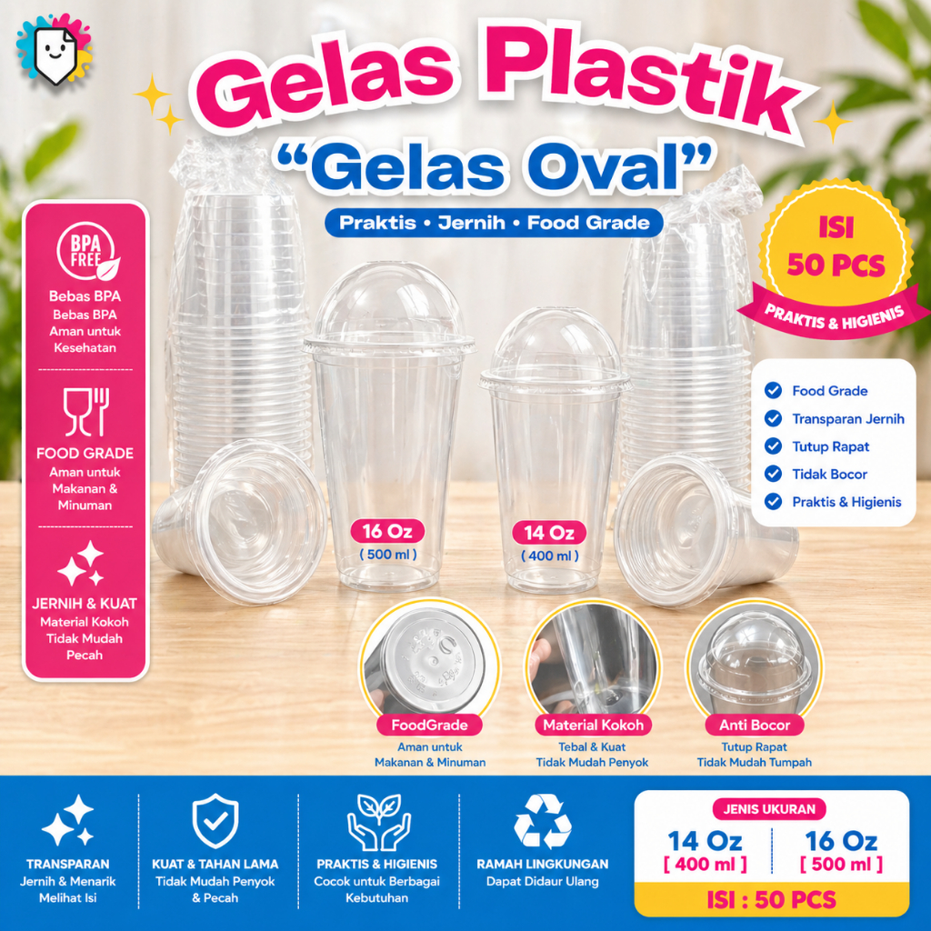 [Isi 50 PCS] Gelas Plastik Oval + Tutup Gelas 14oz 16oz Gelas Plastik Cup / Gelas Plastik Bening / C