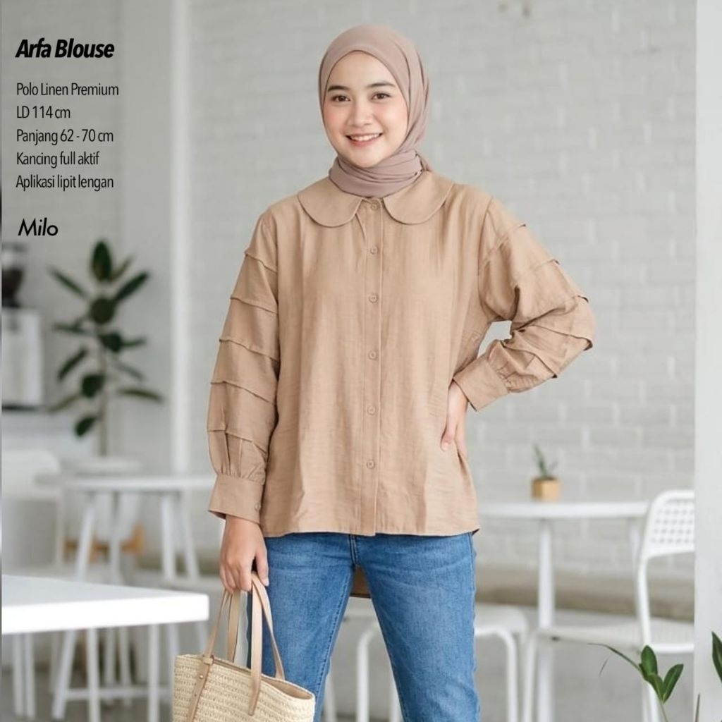 ARFA BLOUSE POLO LINEN LENGAN BALON / Blouse Balon / Blouse Polos / Blouse Wanita
