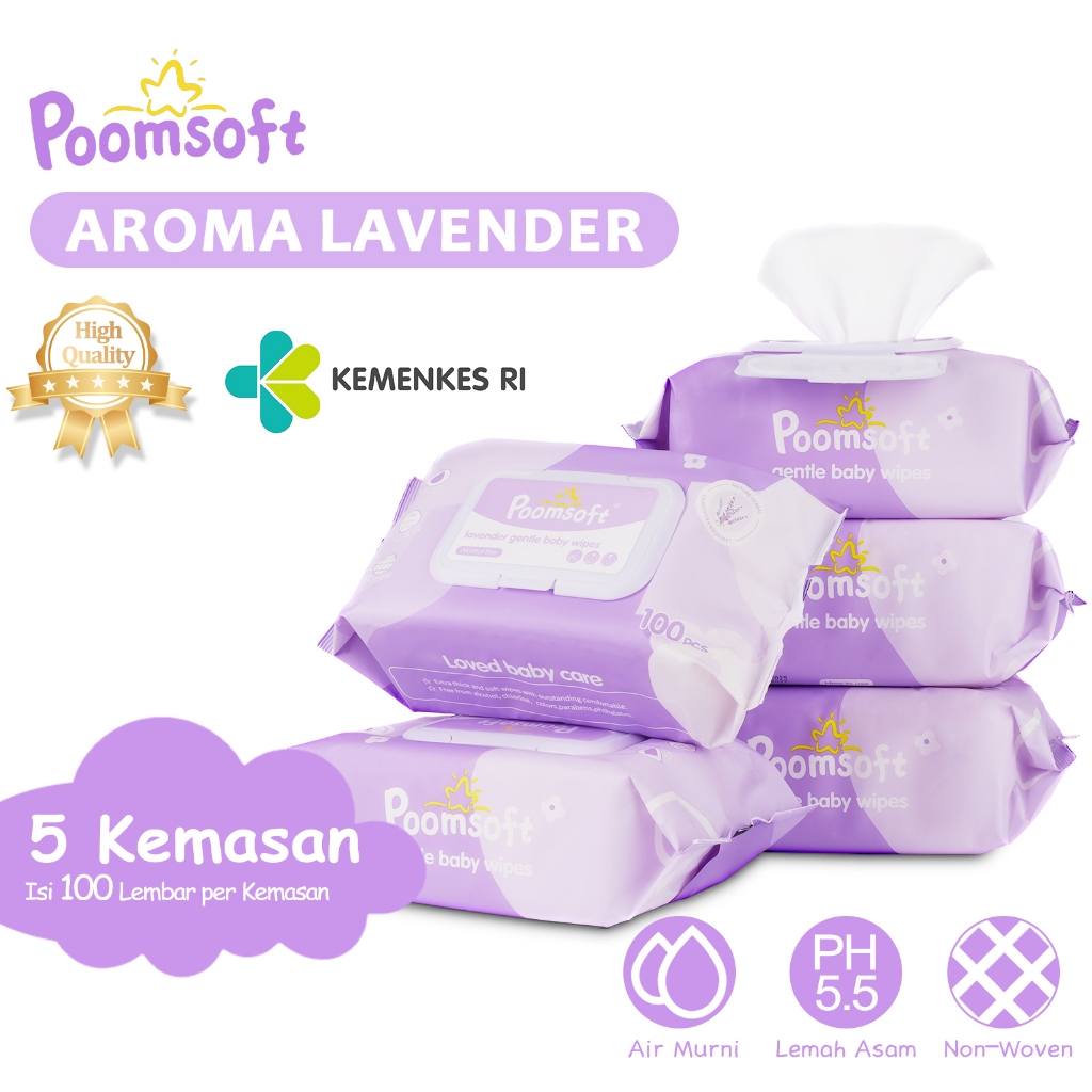 [1/5 pack]POOMSOFT Tisu Basah Bayi 100 Lembar Aroma Lavender Lembut Tebal Bebas Alkohol & Paraben Di