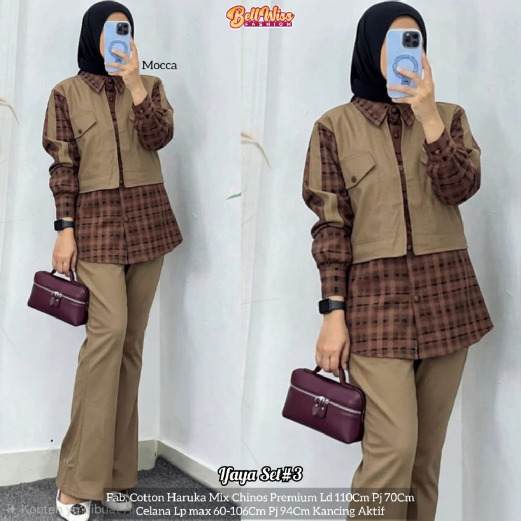 Setelan Wanita Trendy Ifaya Set#3 Kemeja Dan Celana Panjang Katun Haruka Mix Chinos Premium Ld 110cm