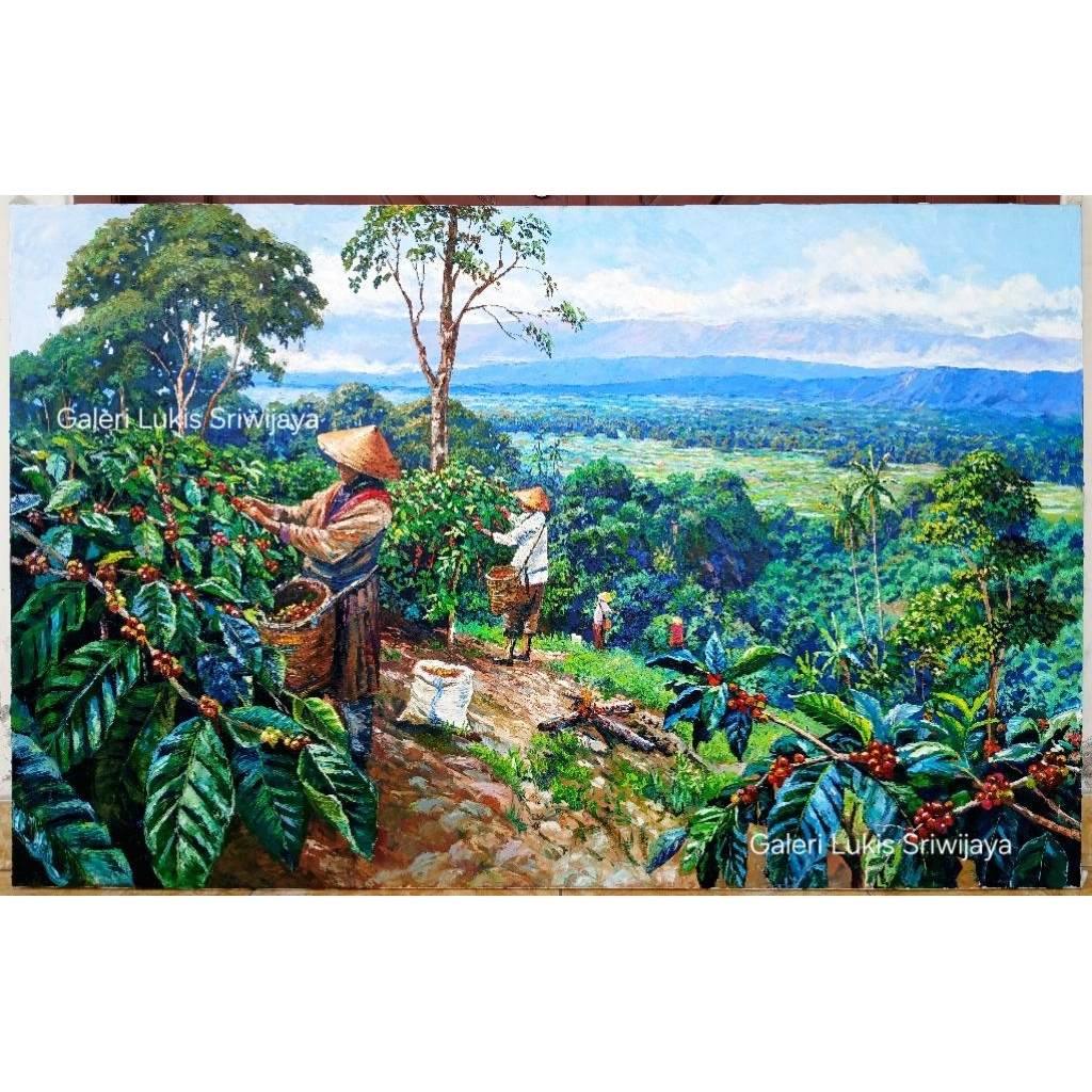 Lukisan pemandangan kebun kopi, lukisan panan kopi,,lukisan pemandangan alam indonesia