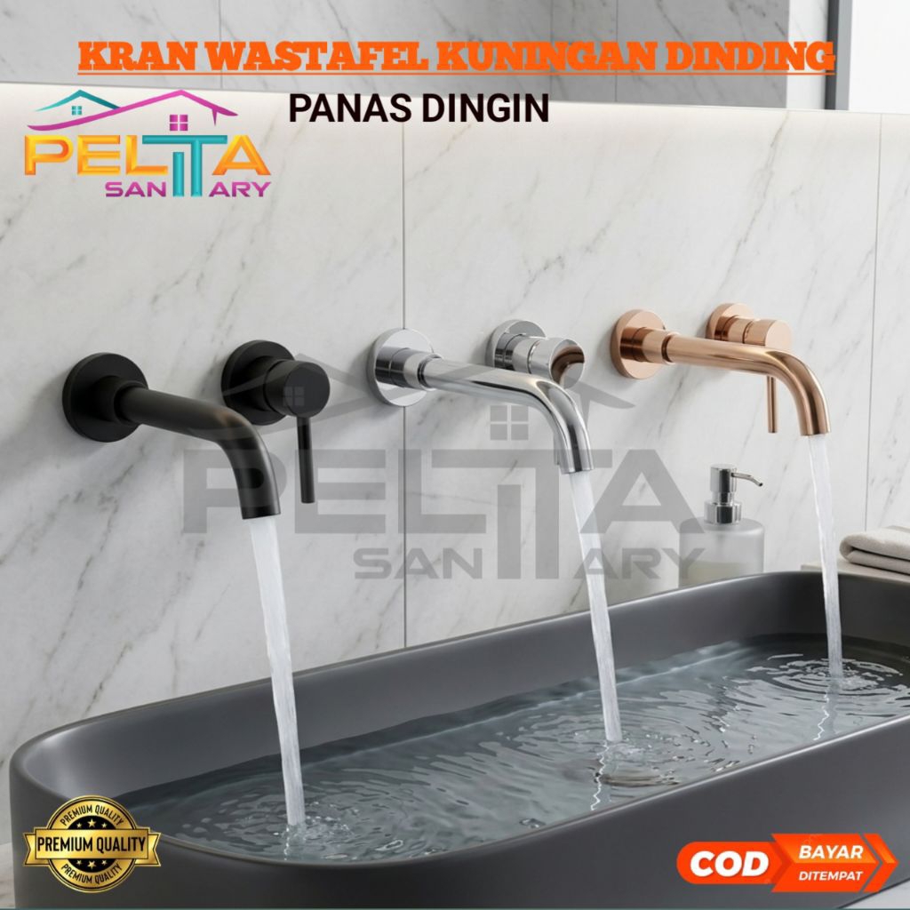 Kran Wastafel Dinding Panas Dingin / Keran Air Cuci Tangan Wastafel Chrome, Black & Gold