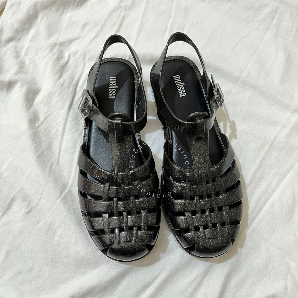 Preloved Melissa Possession Shiny Ad - Glitter Black | Size 38 | Sepatu sandal flat shoes jelly kare