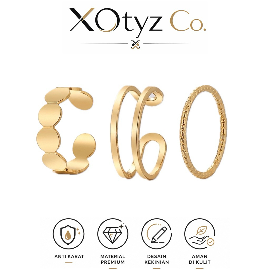 Cincin Wanita 1 Set / 3 pcs Gold Emas | Cincin Korea | Fashion Kekinian | Aksesoris Cincin