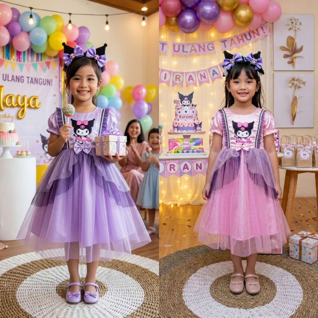 NEW - DRESS KUROMI TILLA HITAM ANAK PEREMPUAN USIA 3 - 8 TAHUN / GAUN PESTA KARAKTER - BAJU DRESS UL