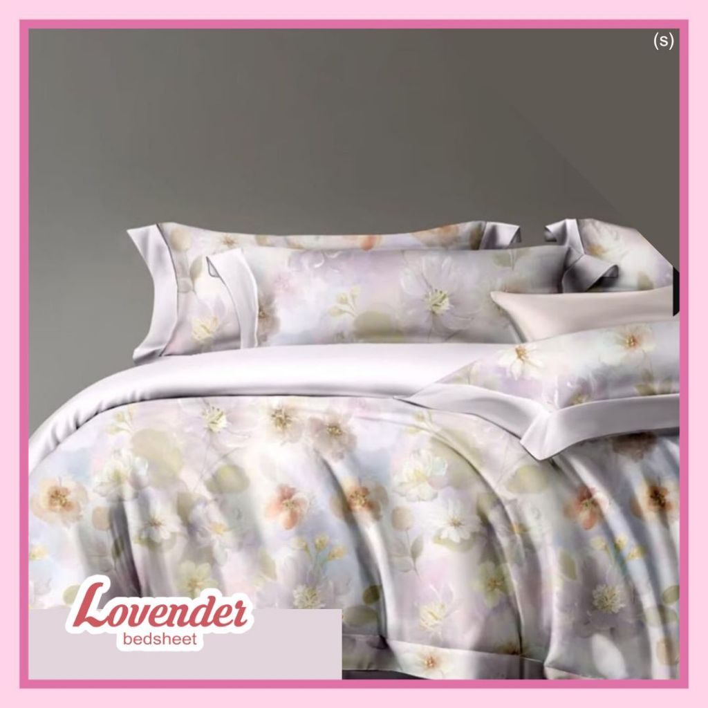 Sprei/Bedcover katun JEPANG pastel pink gradient gradasi bunga flower orange daun tangkai ungu purpl