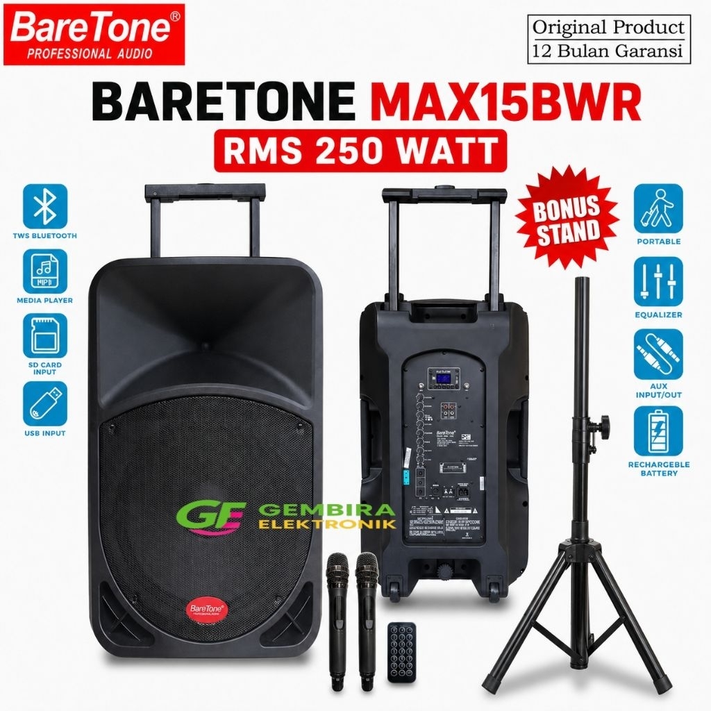 Paket Speaker Aktif Baretone 15 bwr Original Bluetooth karaoke 15 inch Tws 250w Original