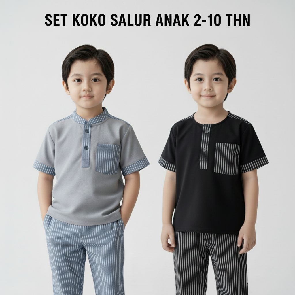Set Koko Anak Salur Modern 2-10 Tahun Baju Muslim Anak Laki-Laki Stylish Nyaman