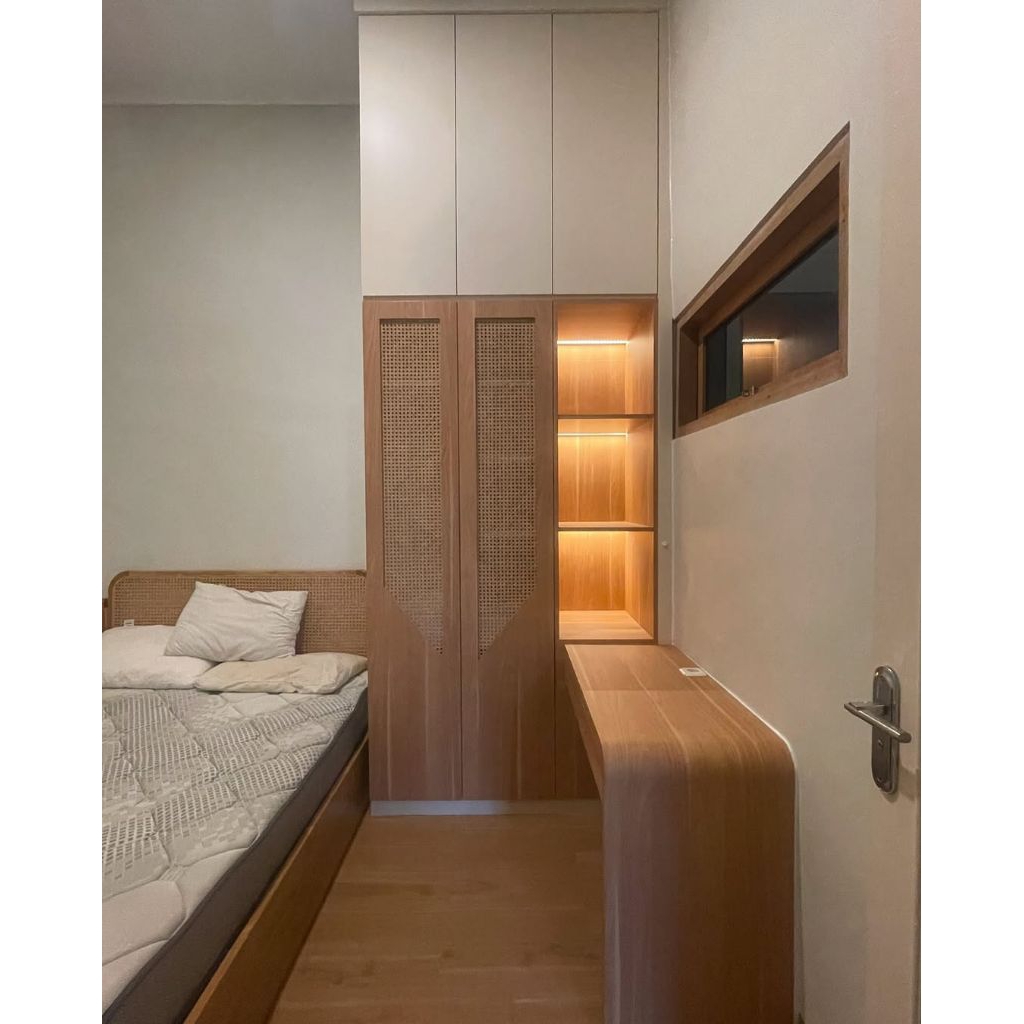 Custom Kamar Set Anak Minimalis Modern Kombinasi Rotan & HPL – Start 1.850.000/m, Free Desain 3D + S