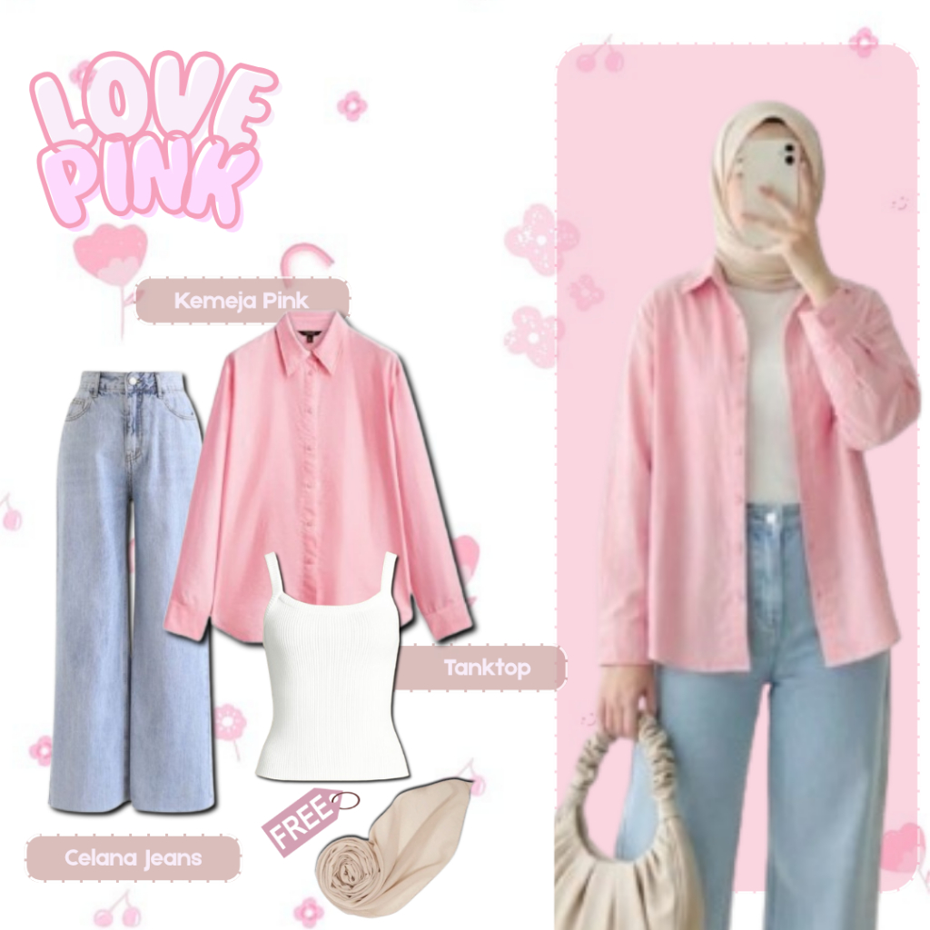 Oneset Pinky Korean Style (Hijab - Kemeja - Tanktop - Celana Jeans ) Set Hijab Lucu Remaja Kekinian