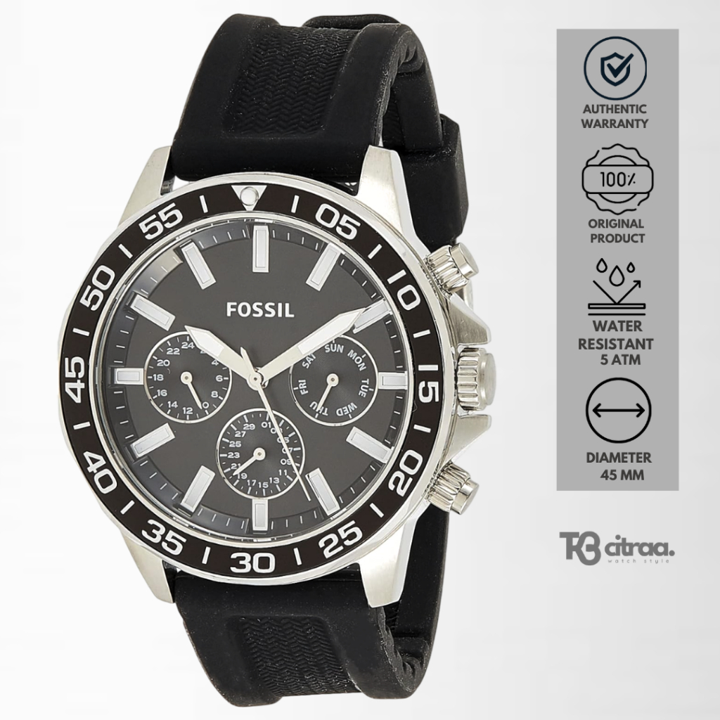 Jam Tangan Pria Fossil Bannon Multifunction Cronograph Black Rubber Silicone Sporty Casual Original 
