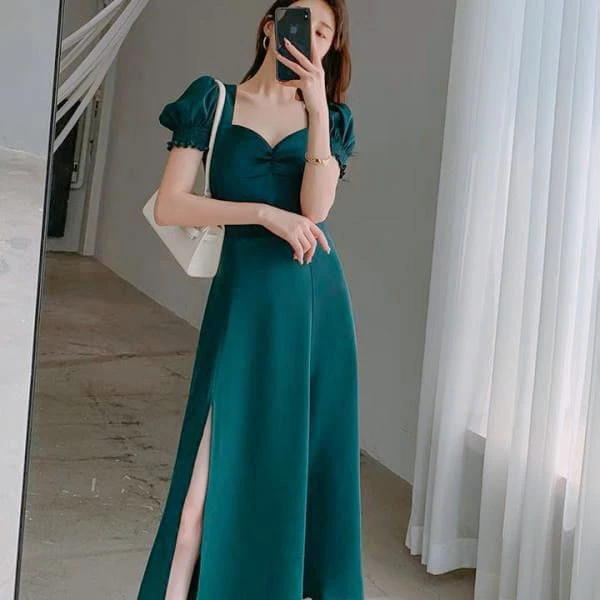 ara short selvelees / dress panjang belah paha / dress polos lengan balon terbaru