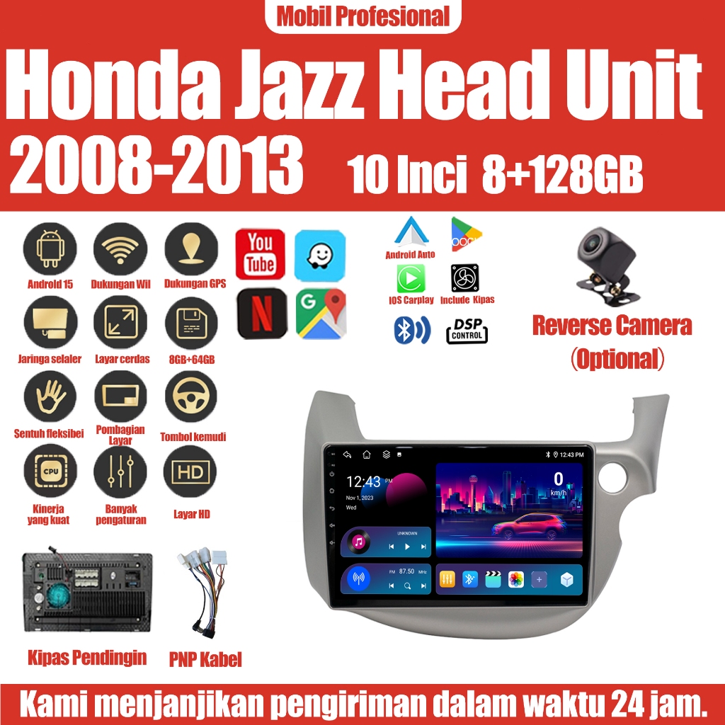 Honda Jazz 2008-2013 Head Unit Android 15 10'' 8+64GB / 8+128GB Support WiFi GPS Carplay IPS Screen 