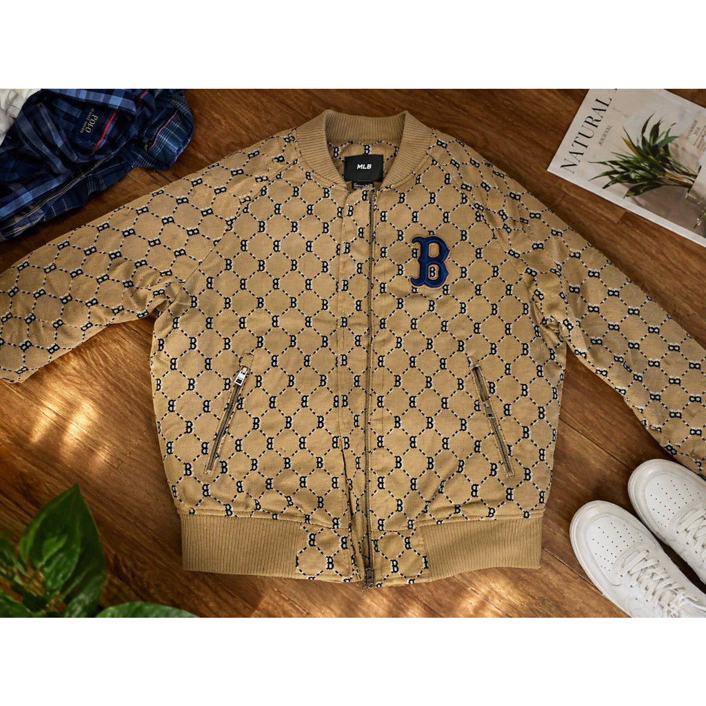 Jaket Bomber MLB Monogram Beige Unisex Premium Korea Style Streetwear Pria Wanita