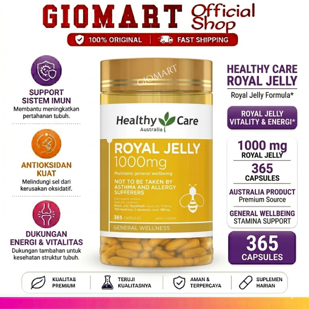 HEALTHY CARE Royal Jelly 1000mg 365 Capsules - Suplemen Kecantikan Kulit & Anti Aging - Original Aus