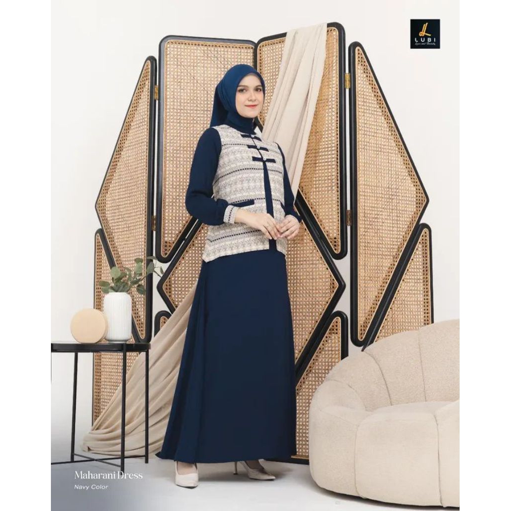 Gamis Lubi Maharani Dress Warna Navy Bahan Alexandria mix Premium Linen