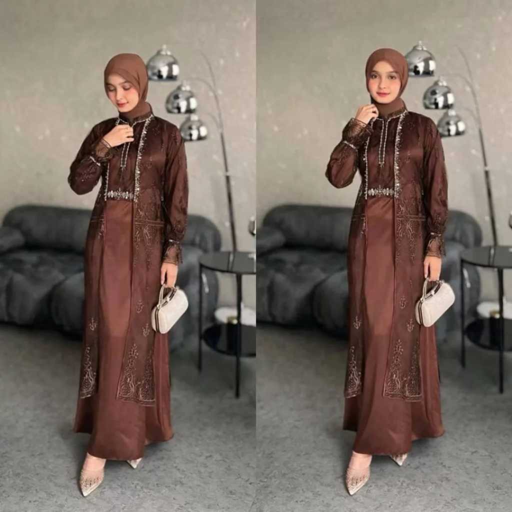 Tiara Dress Set Outher Full Brukat Terbaru Kondangan Mewah Bahan Satin Velvet Mix Brukat Plus Payet
