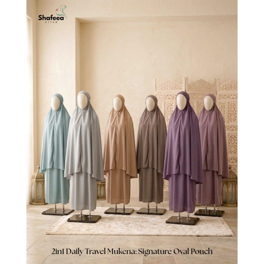 Shafeea Hijab | 2in1 Daily Travel Mukena: Signature Oval Pouch - Minimalist & Anti Ribet