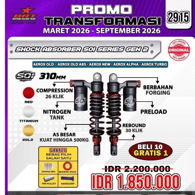 SHOCK ABSORBER SOI SERIES GEN 2 SHOCKBREKER BRT AEROX OLD AEROX OLD ABSAEROX NEWAEROX ALPHAAEROX TUR