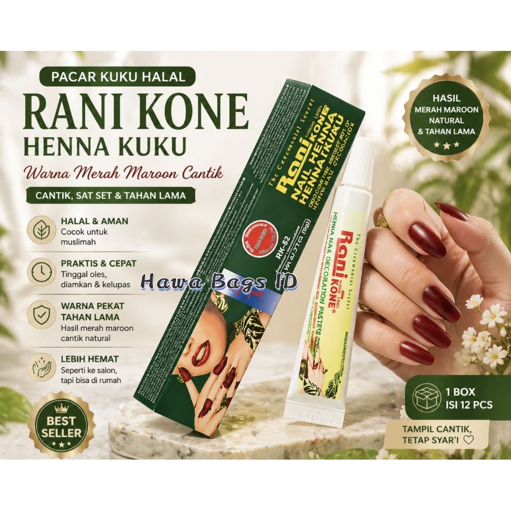 Rani Henna Cone Pacar Kuku Halal Instan Pewarna Kuku Muslimah Warna Merah Maroon Tahan Lama