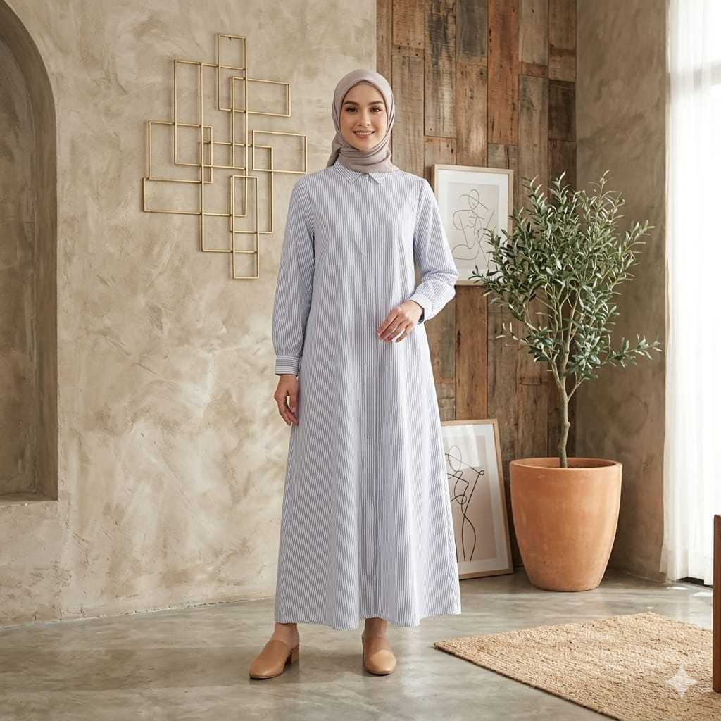 Gamis dress bahan katun salur model desian simple dan elegan