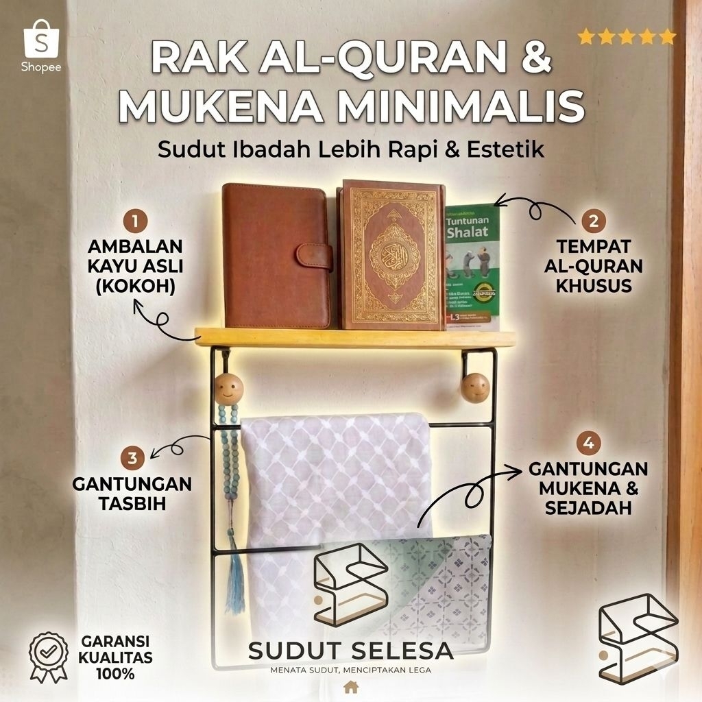 Rak Alat Sholat Dinding Premium Rak Mukena Sajadah dan Al Quran Modern