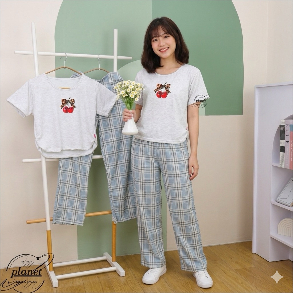 KAOS + CELANA SETELAN BAJU WANITA ATASAN LENGAN PENDEK SETELAN KAOS OBLONG CELANA KOTAK KOTAK CEWEK 