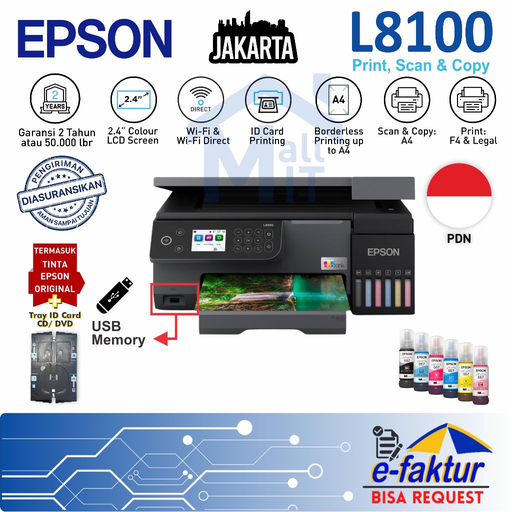 MALLIT EPSON Printer Epson L8100 L-8100 Printer Foto A4 ID Card Wireless WiFi Direct Print Scan Copy