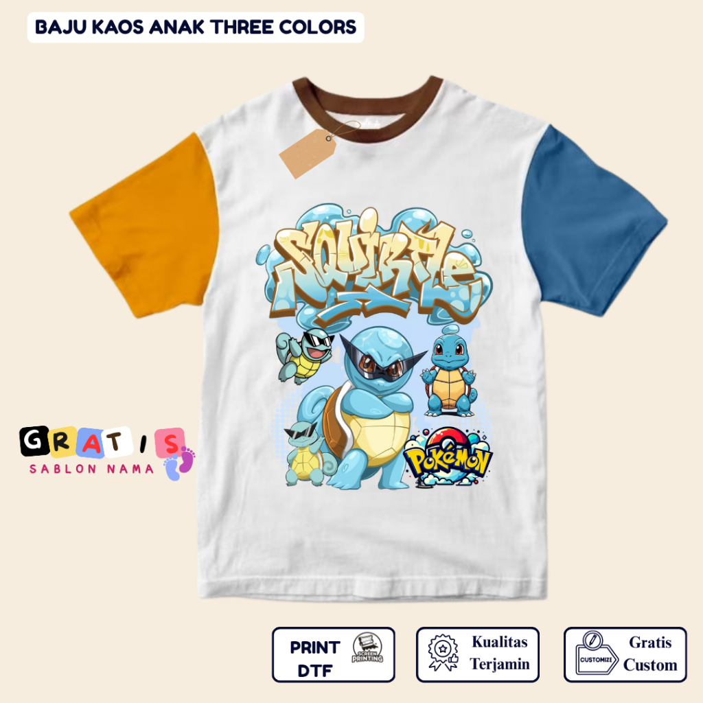 shabira tas  - Kaos Anak POKEMON SQUIRTLE GD  - Kaos Anak Pendek Three Colors Dino - Kaos Anak Sablo