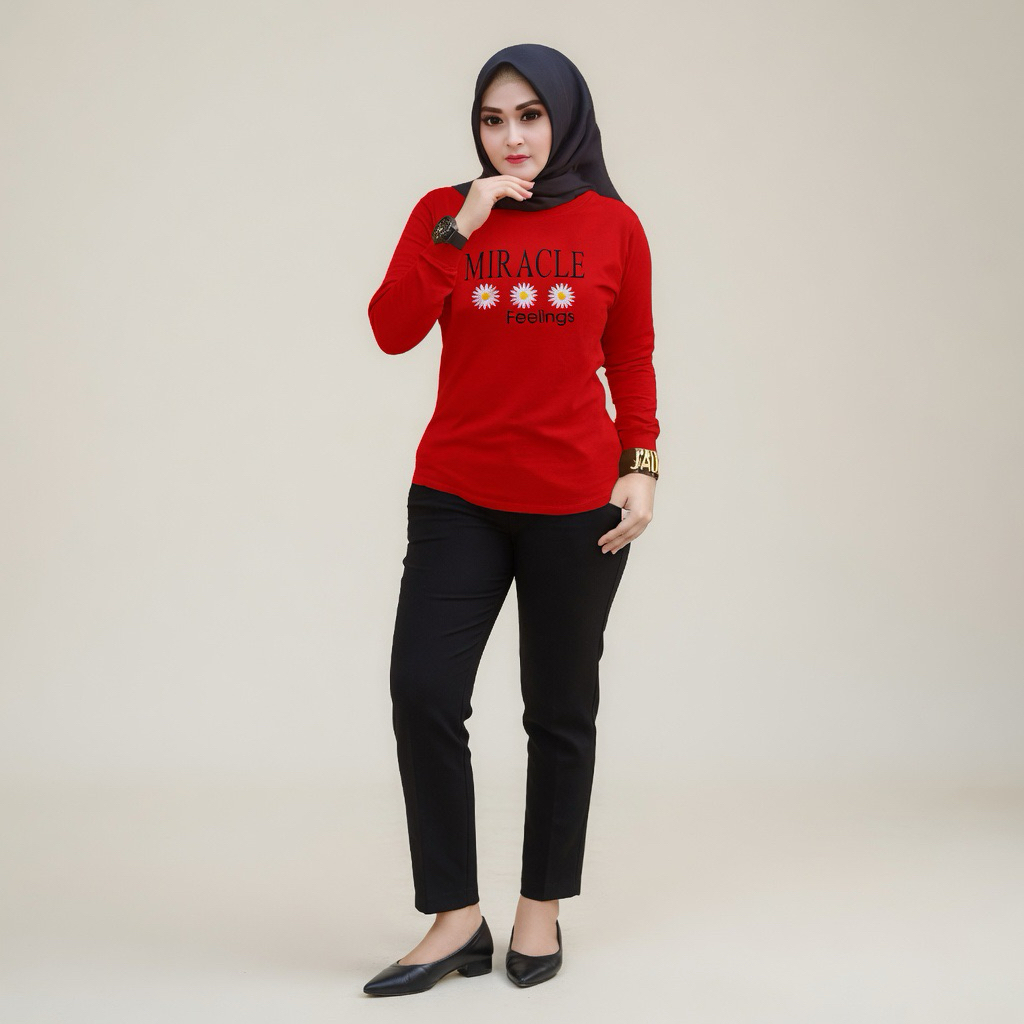 shine shop fashion - kaos wanita lengan panjang manset / atasan merah bendera/merah cabe/ kaos wanit
