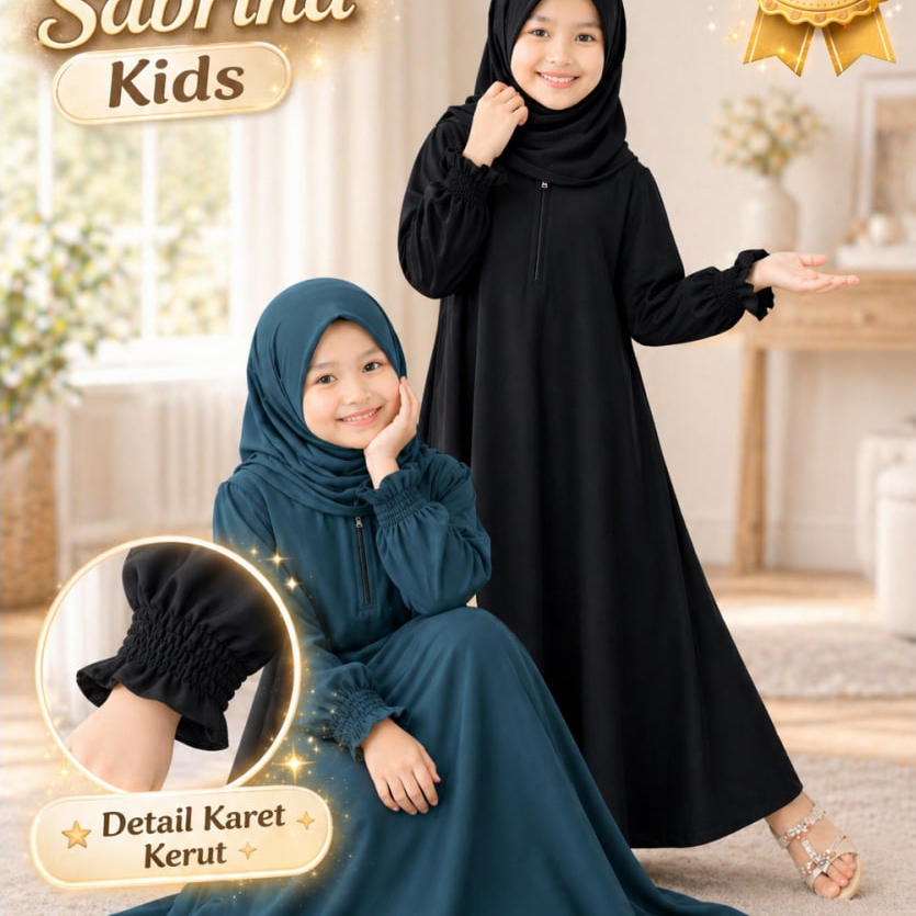 Gamis Anak Sabrina UV Protection Dress Lengan Karet Adem Flowly Casual Dress Hitam Putih