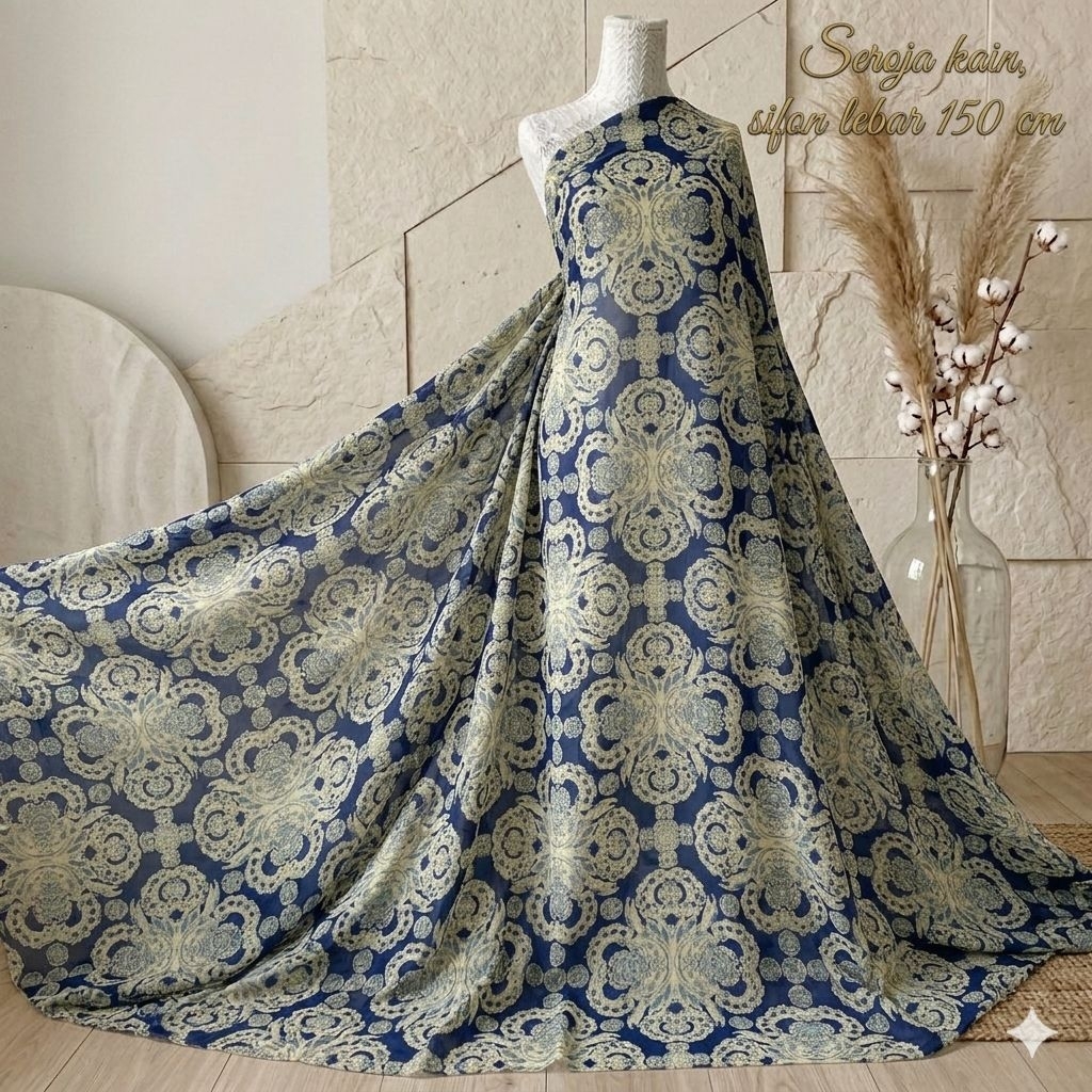 Kain Sifon Ceruty Motif Batik Klasik Biru Cream Premium - Lebar 150cm Aj