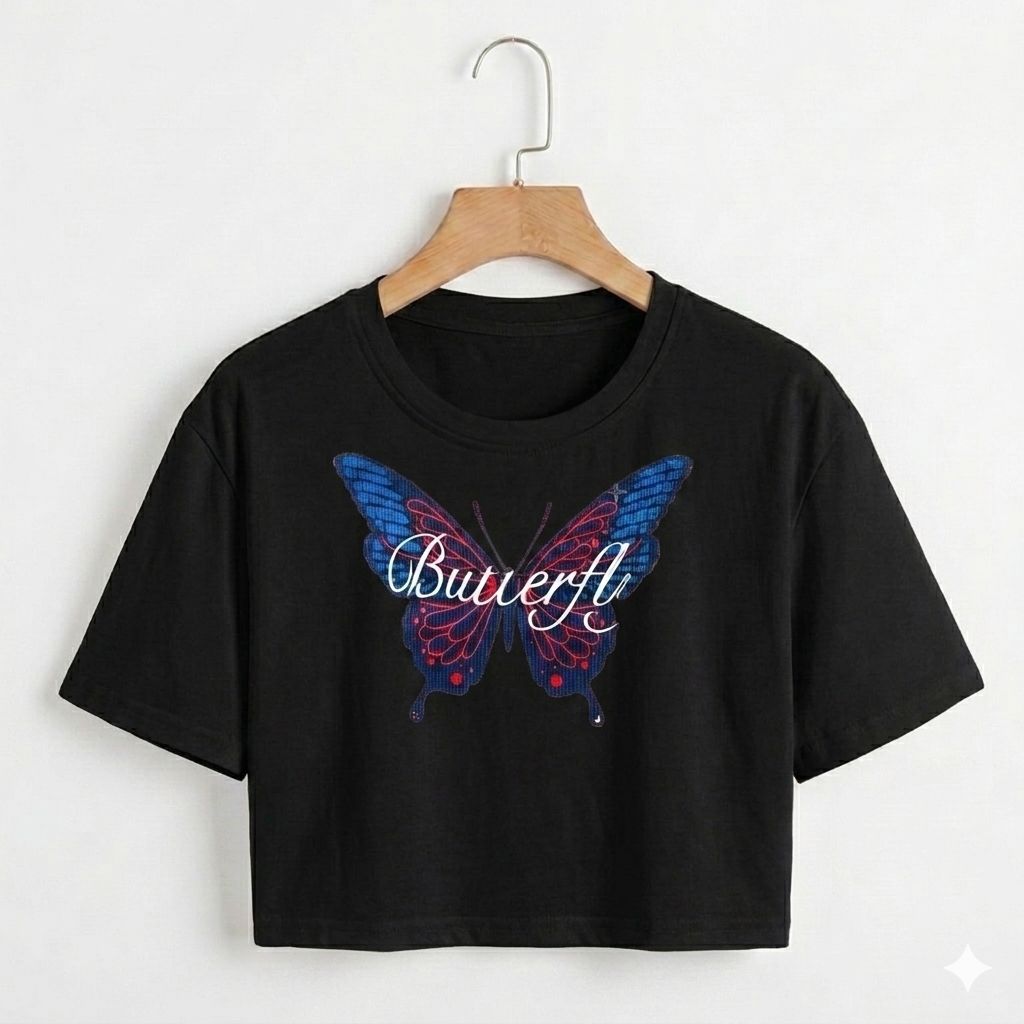 KAOS CROPTOP BUTTERFLY BAJU KUPU-KUPU CROP TOP WANITA COMBET