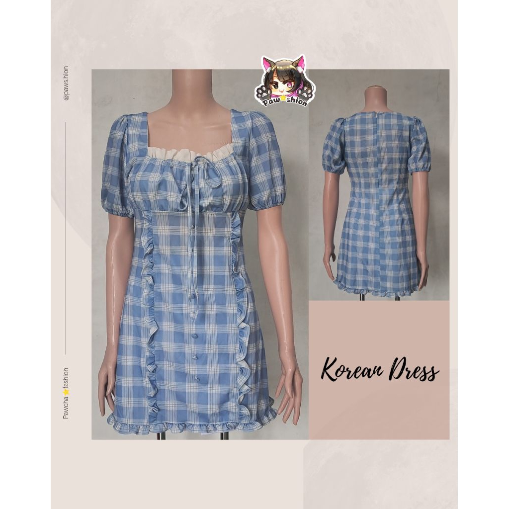 Dress kotak dress biru dress korean style