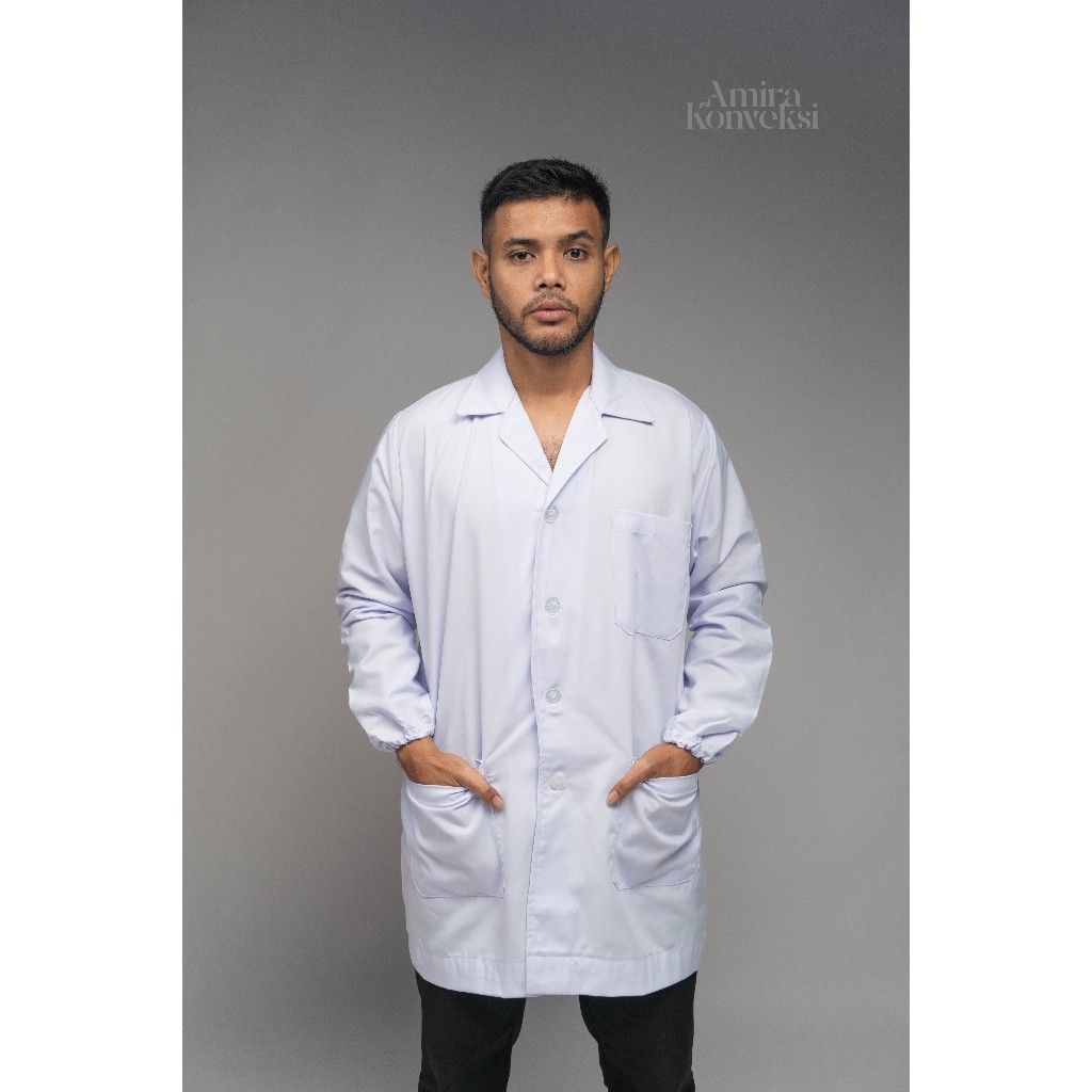 Jas Lab Premium Putih Bersih Kancing Lengan Panjang Karet Ujung – Lab Medis Farmasi